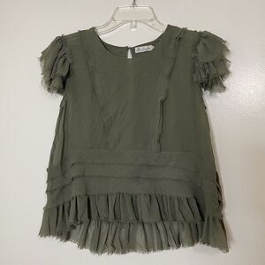 Love Shack Fancy green chiffon tiered silk short sleeve blouse top 2XS
